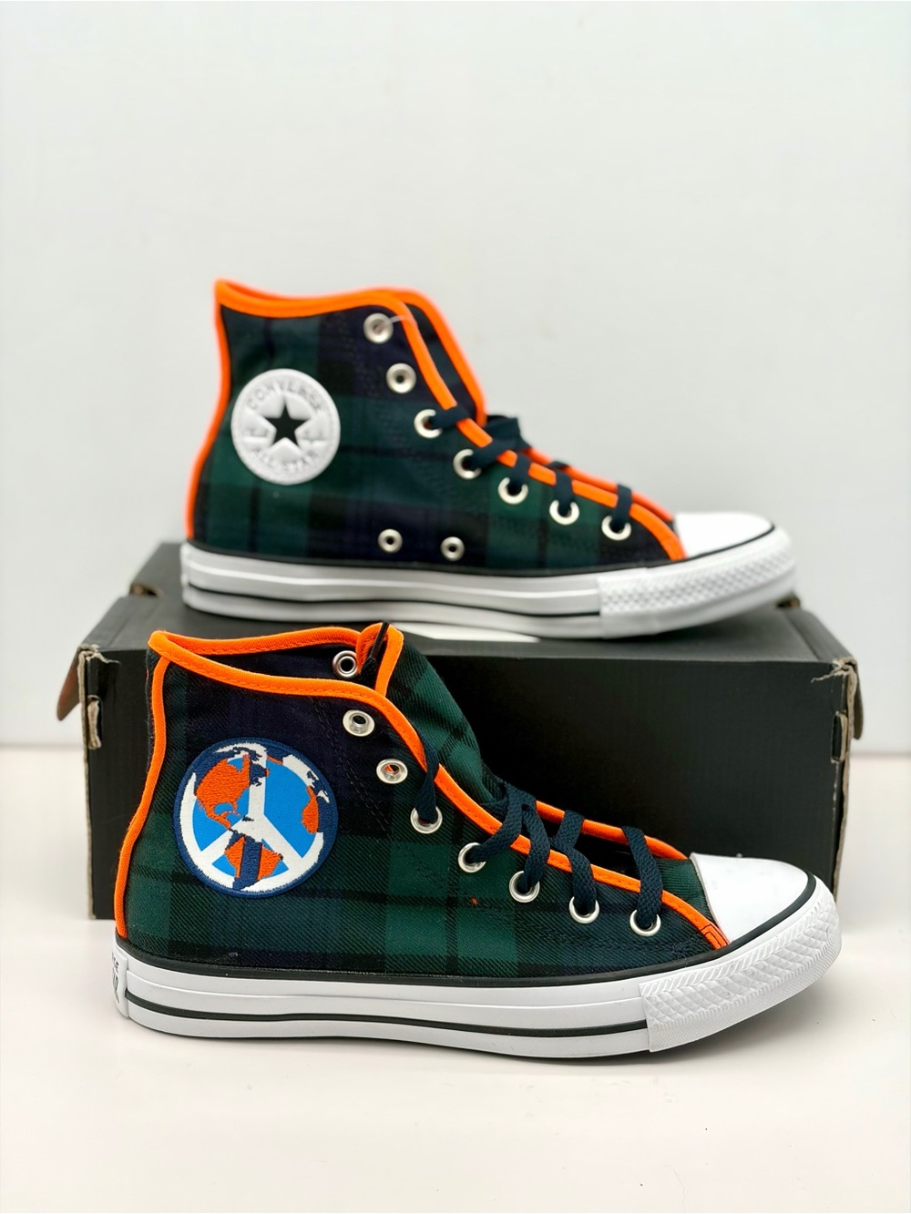 Converse High-Top Green Plaid Sneakers with Orange Trim